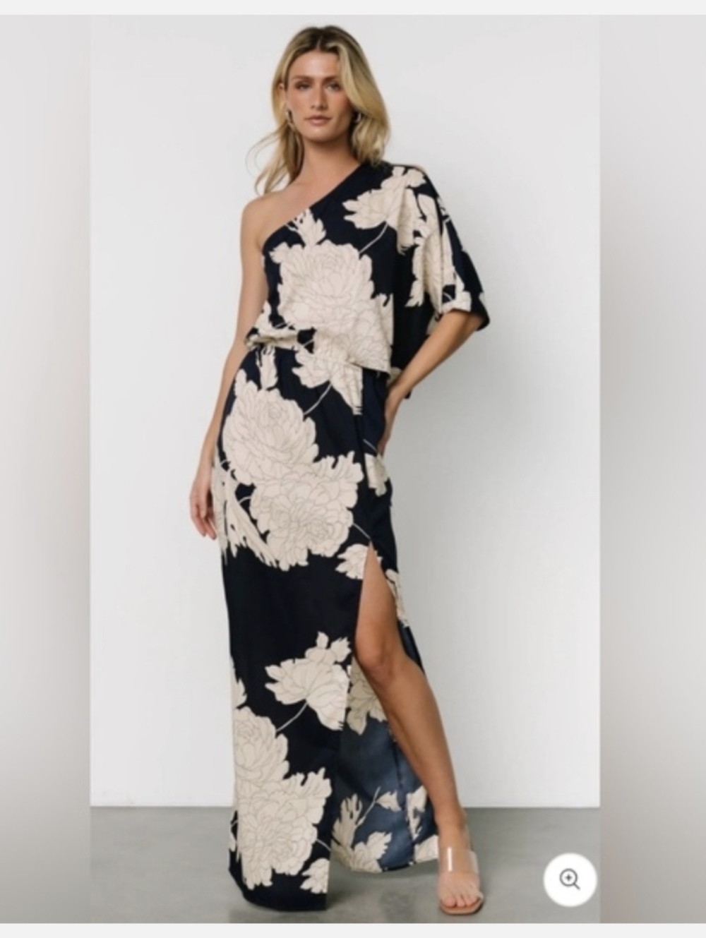 Baltic Born One-Shoulder Navy and Cream Floral Maxi Dress
